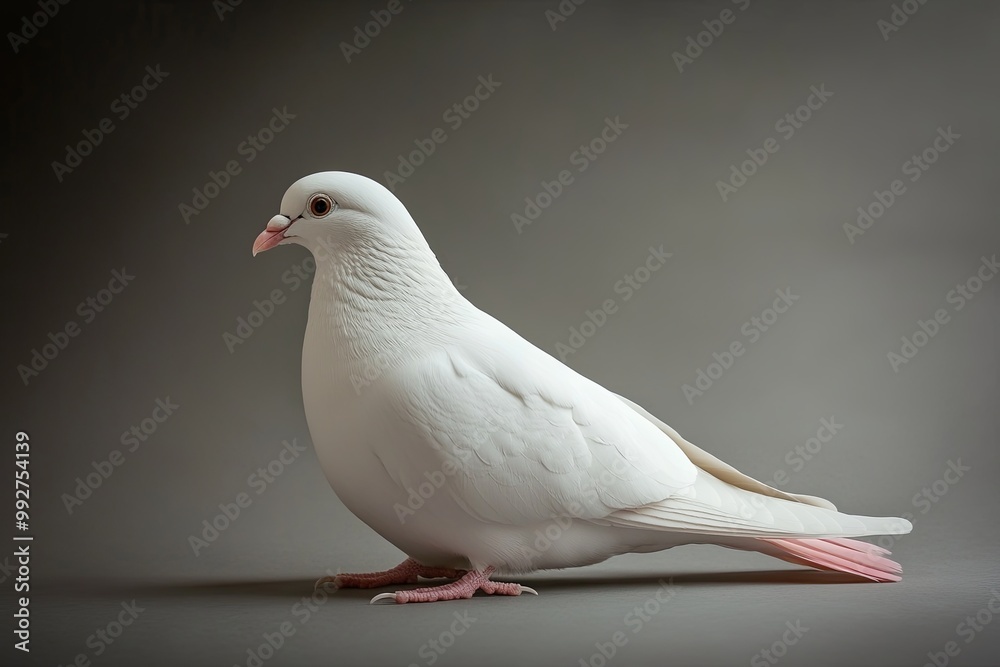 A graceful white dove perched quietly on a smooth gray studio background, featuring a delicate pink tail. A graceful white dove perched quietly on a smooth gray studio background, featuring a delicate pink tail.