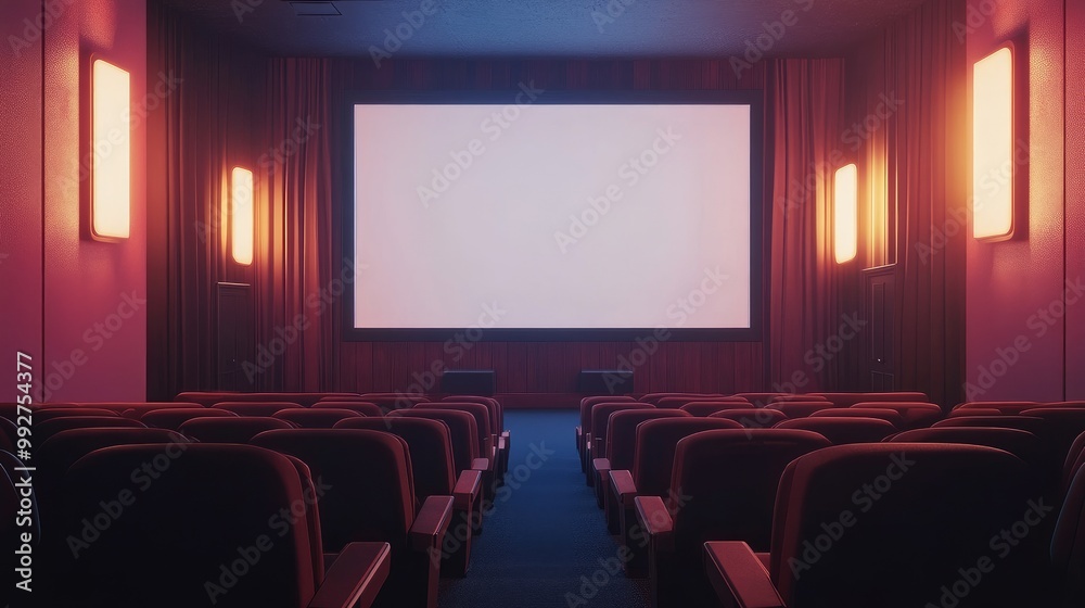 Fototapeta premium Small cozy theater with soft lighting, rows of brown seats, and a blank white screen. No people, no logos.