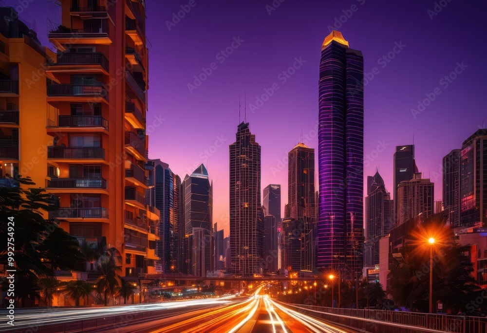 Obraz premium stunning vibrant city skyline illuminated buildings busy streets bathed twilight glow, architecture, cityscape, contemporary, culture, district, evening