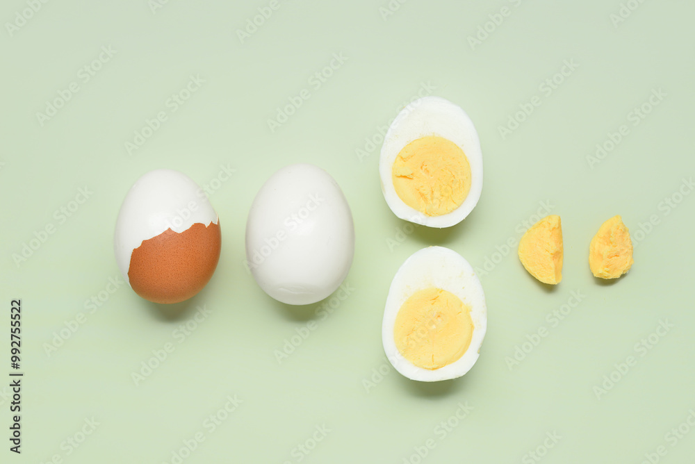 Tasty boiled eggs with halves on green background Tasty boiled eggs with halves on green background