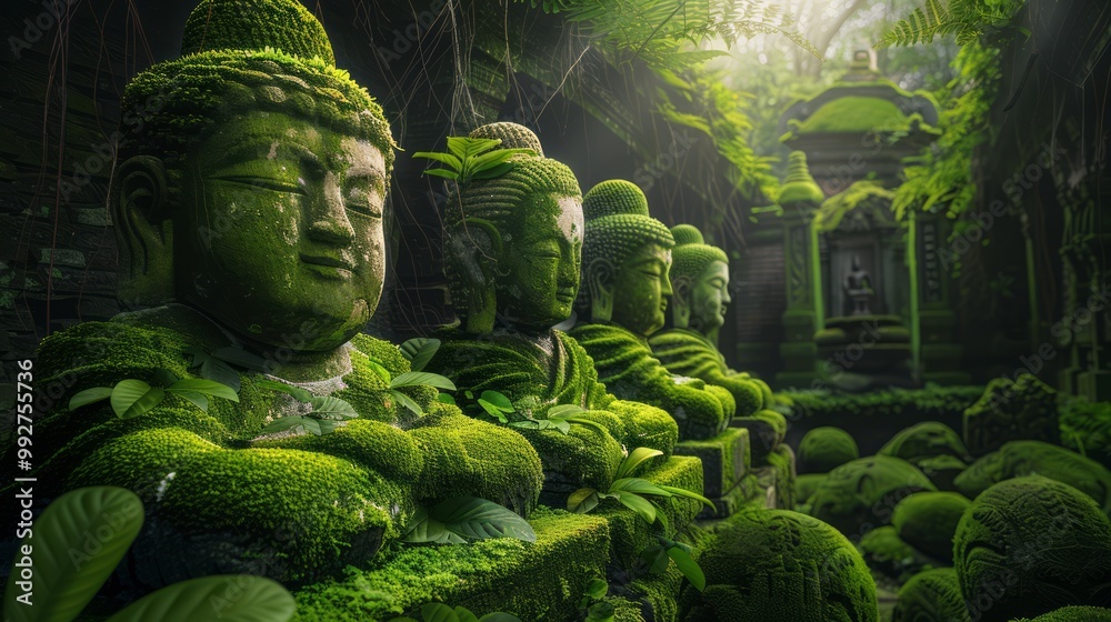 Fototapeta premium Serene Statues in a Moss-Covered Courtyard