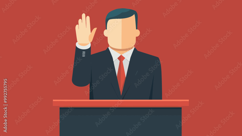 Man in Suit Raising Hand in Swearing-In Ceremony Illustration Vector, Corporate Official Taking Oath at Podium, Professional Commitment Graphic Man in Suit Raising Hand in Swearing-In Ceremony Illustration Vector, Corporate Official Taking Oath at Podium, Professional Commitment Graphic