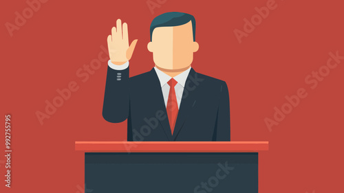 Man in Suit Raising Hand in Swearing-In Ceremony Illustration Vector, Corporate Official Taking Oath at Podium, Professional Commitment Graphic
