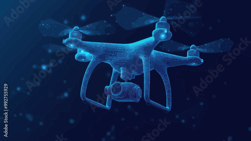 Digital 3D Vector Illustration of a High-Tech Drone with Camera for Aerial Photography and Videography, Conceptual Low Poly Design with Stars and Particles in Dark Blue Theme