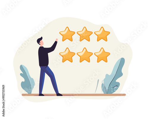 5 Star Customer Feedback Rating - Flat Minimalist Vector - Man Giving Excellent Product Review - Customer Satisfaction and Best Reputation Concept SVG