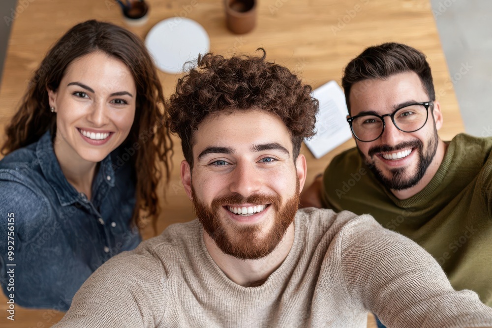 Colleagues gathered around a desk, taking a fun selfie, open-plan office, tech startup vibe, energetic and collaborative atmosphere Colleagues gathered around a desk, taking a fun selfie, open-plan office, tech startup vibe, energetic and collaborative atmosphere