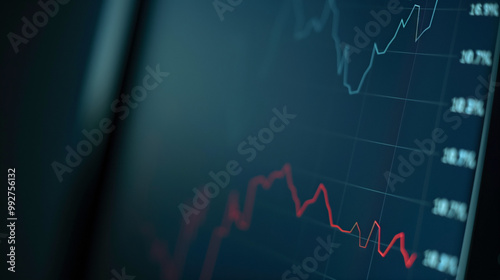 Close-up of digital screen showing downward-trending line graph symbolizing rate cut in financial markets, clean background for copy space, professional financial analysis concept.