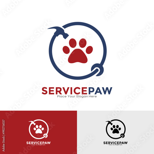 Hammer and wrench paw circle logo vector template. This is suitable for construction, service pet, animal, pet care