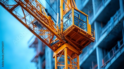 Yellow Construction Crane Cab Close-Up Against Concrete Building