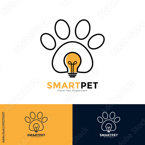 Pet paw logo template with light bulb design vector. Suitable for business, technology, Symbol pet smart
