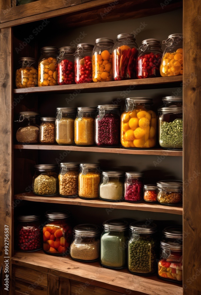 vibrant display essential pantry items organized neat shelves showcasing colorful labels well stocked kitchen, essentials, jars, containers, organization