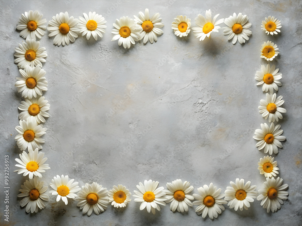 Fototapeta premium A beautiful rectangular frame made of daisy flowers, set against a light gray textured background, creating a delicate and natural composition.
