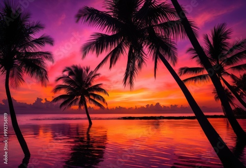 tropical palm silhouettes framed vivid sunset colors breathtaking evening sky, vibrant, colorful, landscape, nature, tree, scenery, clouds, orange, pink