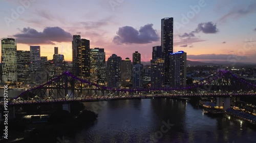 Brisbane City Story Bridge Sunset with City Lights