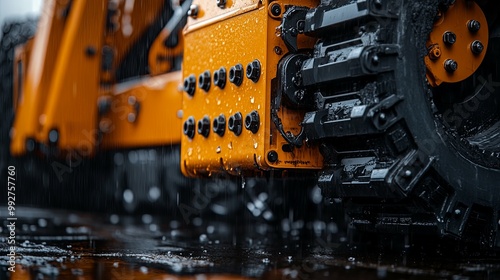 Close-up of a Wet Construction Vehicle Tire and Body