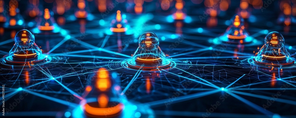 Futuristic Network Nodes Close-Up Perspective of Glowing Cyber ...
