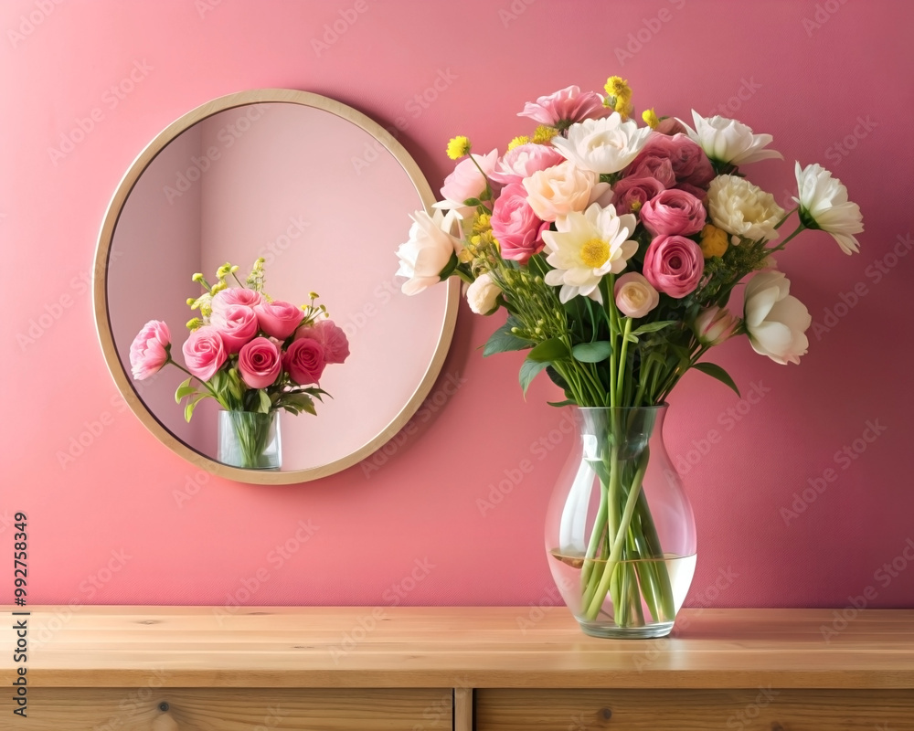 Naklejka premium A vase filled with a mix of pink and white flowers sits on a wooden surface in front of a round mirror, reflecting the same floral arrangement, set against a pink wall.