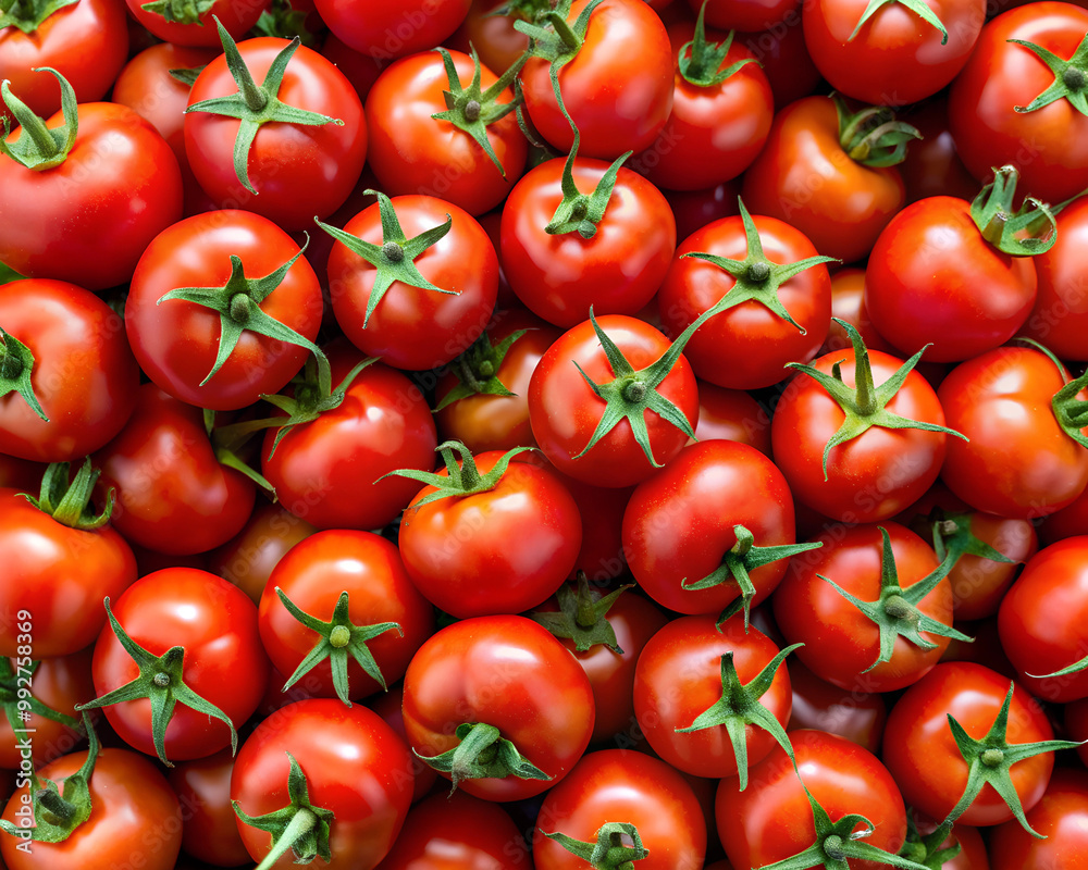 A vibrant collection of fresh red tomatoes with green stems, filling the entire frame, showcasing their natural ripeness and abundance. A vibrant collection of fresh red tomatoes with green stems, filling the entire frame, showcasing their natural ripeness and abundance.