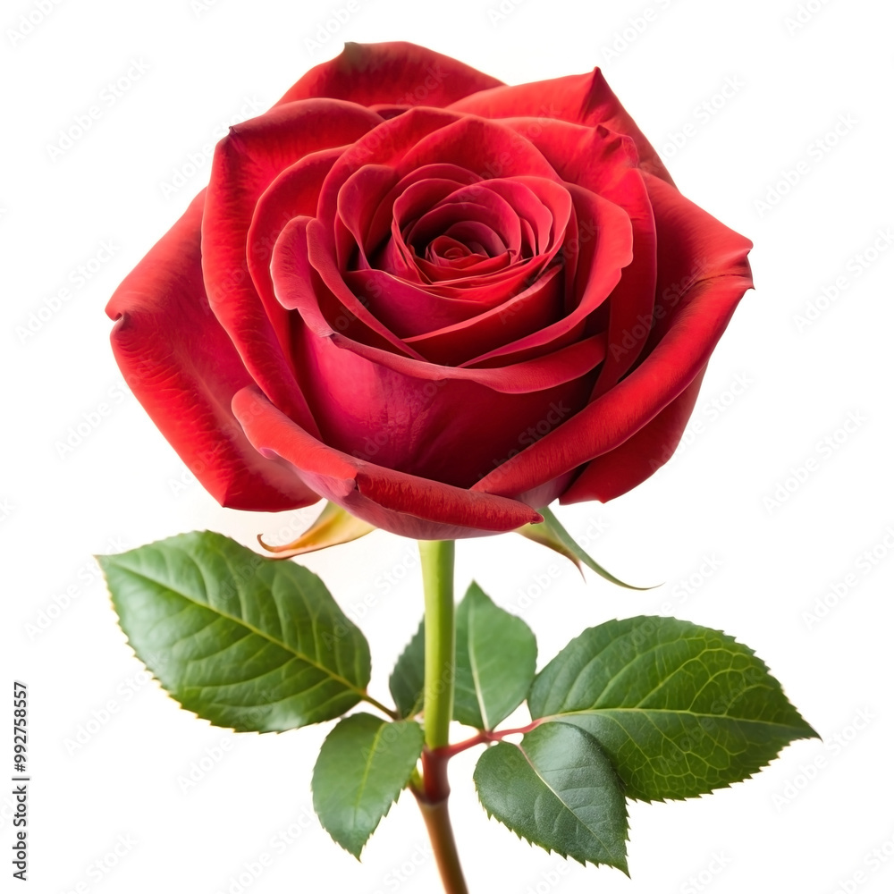 Naklejka premium A vibrant red rose with velvety petals in full bloom, accompanied by lush green leaves, isolated against a white background, symbolizing love and passion.