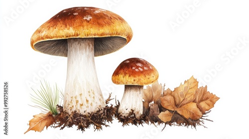 Realistic Watercolor Illustration of Edible Mushrooms Surrounded by Autumn Leaves and Pine Needles, Capturing Nature's Beauty and Detail