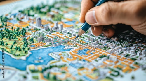 Urban Planning Perspective Close-Up of a Hand Sketching a Detailed City Map with Vibrant Colors and Complex Layout Features