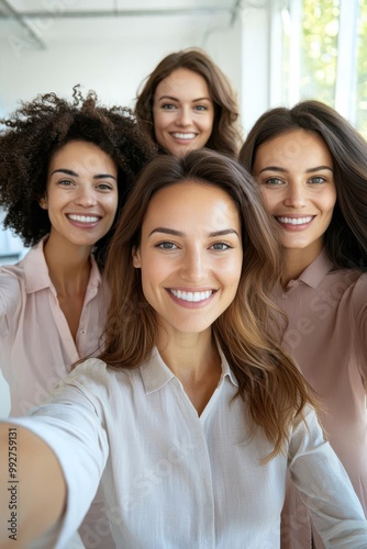 Female-led team taking a selfie in a bright and modern office, empowered women, leadership and teamwork, casual office attire