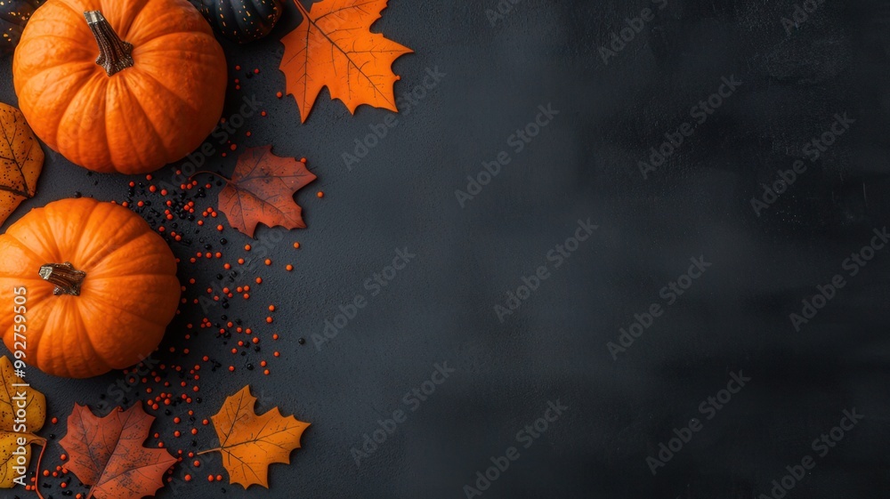 A top-down view of vibrant orange pumpkins surrounded by autumn leaves on a dark background, evoking a cozy fall atmosphere. A top-down view of vibrant orange pumpkins surrounded by autumn leaves on a dark background, evoking a cozy fall atmosphere.