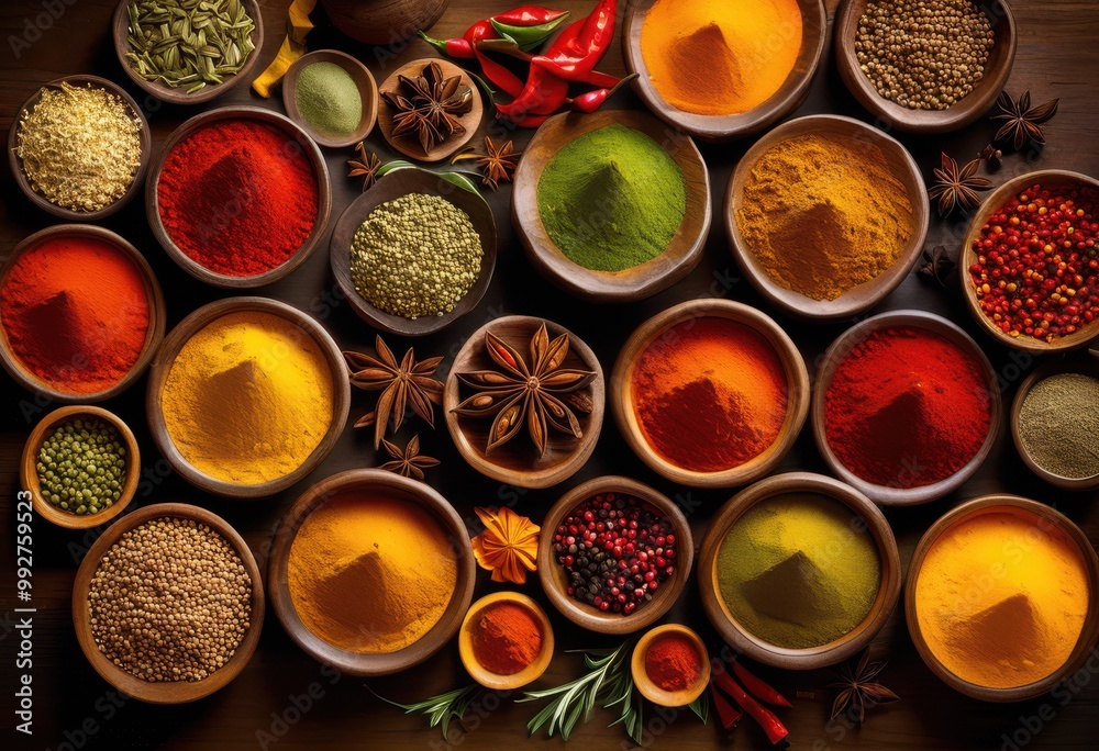 vibrant spices ingredients beautifully arranged colorful display showcasing various textures shapes, arrangement, culinary, seasoning, herb, variety vibrant spices ingredients beautifully arranged colorful display showcasing various textures shapes, arrangement, culinary, seasoning, herb, variety