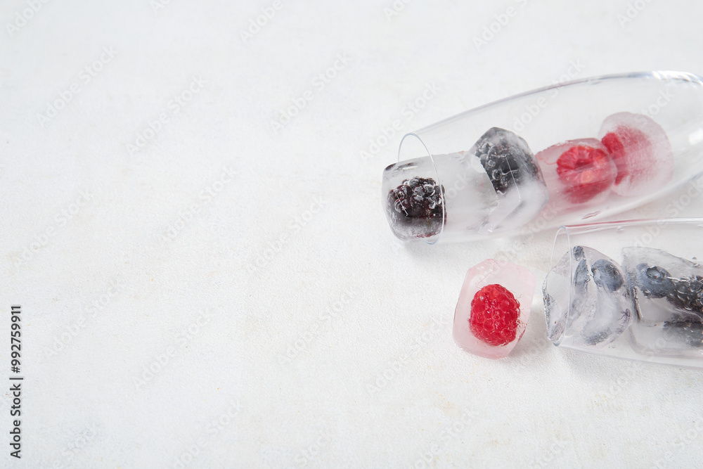 Glasses with frozen berries in ice cubes on white background Glasses with frozen berries in ice cubes on white background