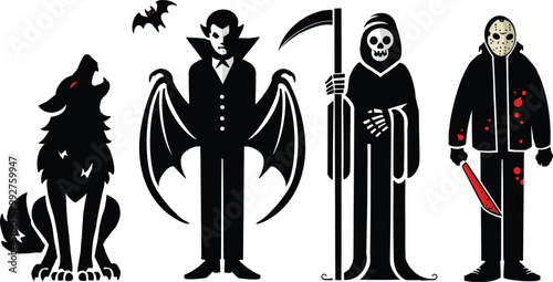 Halloween costumes werewolf vampire grim reaper murderer black and white.
