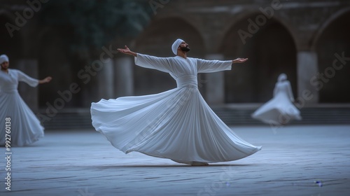 Whirling Dervish Dance in Traditional White Garb, Sufi Mystical Ceremony in Historic Islamic Courtyard