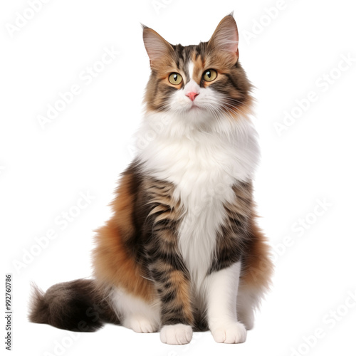 Beautiful Long Haired Calico Cat Sitting Against White Background