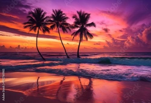 vibrant beachfront sunset showcasing stunning hues purple reflected calm ocean waves  orange  pink  sand  sky  clouds  reflection  light  color  scenery