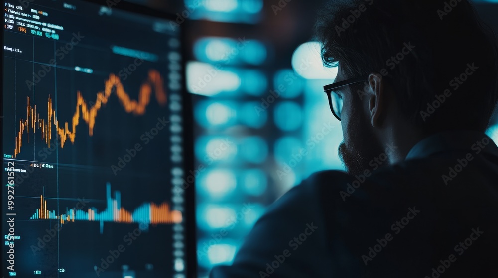 Business professional examining forex trading graph and financial data. Business finance concept with technology and investment in focus. Stock market investments, funds, and digital assets. Business professional examining forex trading graph and financial data. Business finance concept with technology and investment in focus. Stock market investments, funds, and digital assets.