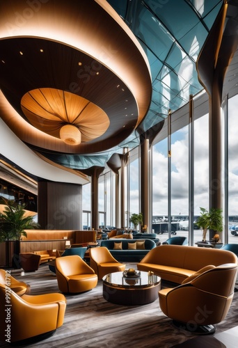 luxurious airport lounge featuring modern design elegant ambient contemporary decor relaxing travel experience, luxury, furniture, lighting, atmosphere