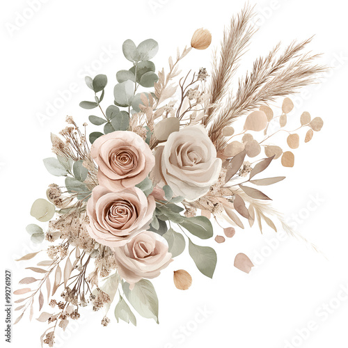 Fototapeta Naklejka Na Ścianę i Meble -  Boho floral arrangement with neutral roses and pampas grass, elegant watercolor bouquet, dried florals, eucalyptus, beige and green botanical illustration