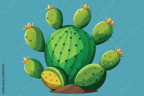 A colorful prickly pear cactus displays its fresh green pads and blooming yellow flowers under a clear blue background, Customizable flat illustration of a prickly pear cactus.