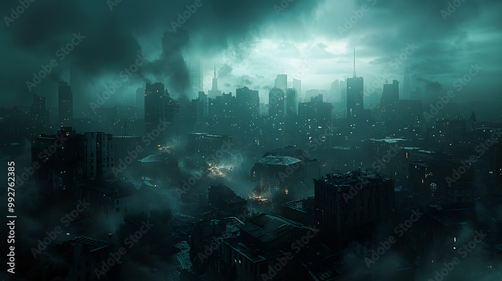 Illustration of a Dystopian futuristic megacity, a dark cityscape, a place characterized by rampant fear or distress Illustration of a Dystopian futuristic megacity, a dark cityscape, a place characterized by rampant fear or distress