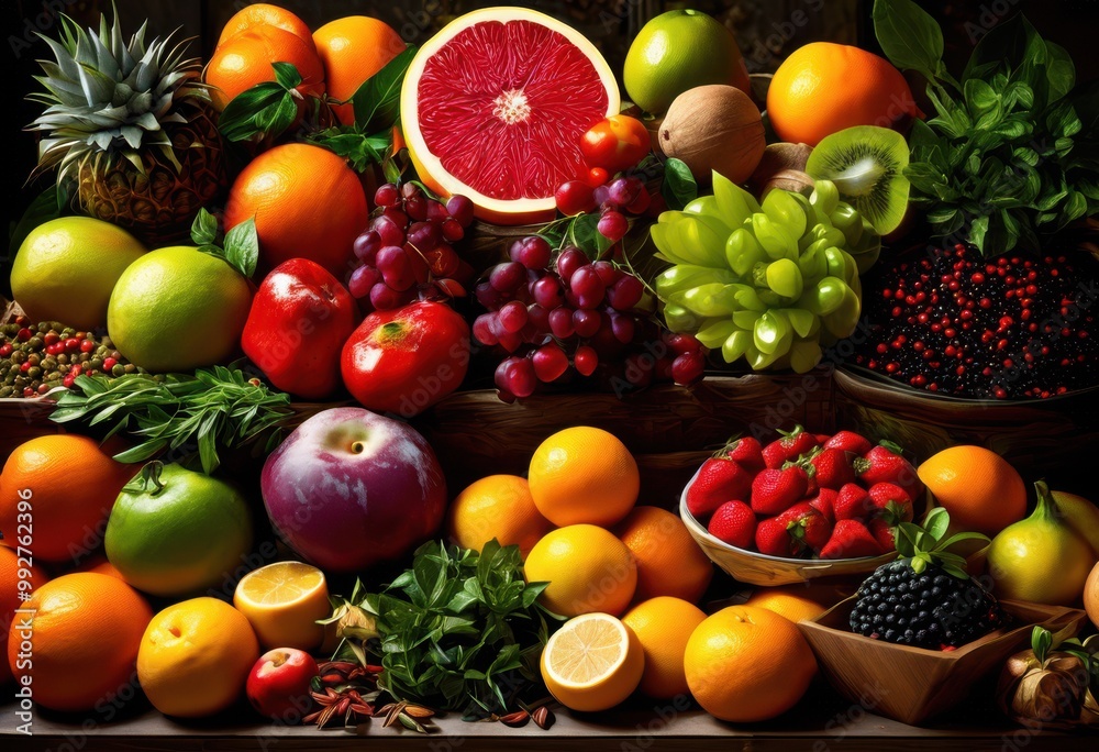 vibrant ingredients displayed dynamic arrangements bright colors textures enhance visual appeal, food, herbs, vegetables, fruits, spices, presentation vibrant ingredients displayed dynamic arrangements bright colors textures enhance visual appeal, food, herbs, vegetables, fruits, spices, presentation