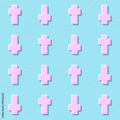 Bright , soft , pastel , neon Halloween / Summer hand drawn natural Christian cross up and down seamless repeat pattern vector. Pink and white symbols on light blue backdrop.