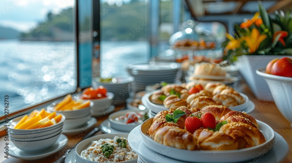 Dining Room Buffet aboard the abstract luxury cruise ship. breakfast with sea view Dining Room Buffet aboard the abstract luxury cruise ship. breakfast with sea view