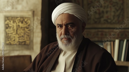 Middle Aged Shiite Muslim Cleric in Traditional Attire Seated Indoors Near Islamic Wall Art