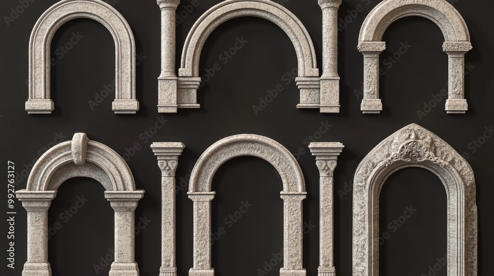 Naklejka premium Collection of different traditional stone-arched frames sculpted in 3D