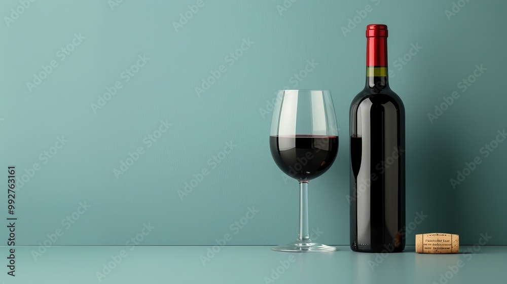 Elegant arrangement of red wine glass beside a bottle and cork on a soft blue background Elegant arrangement of red wine glass beside a bottle and cork on a soft blue background