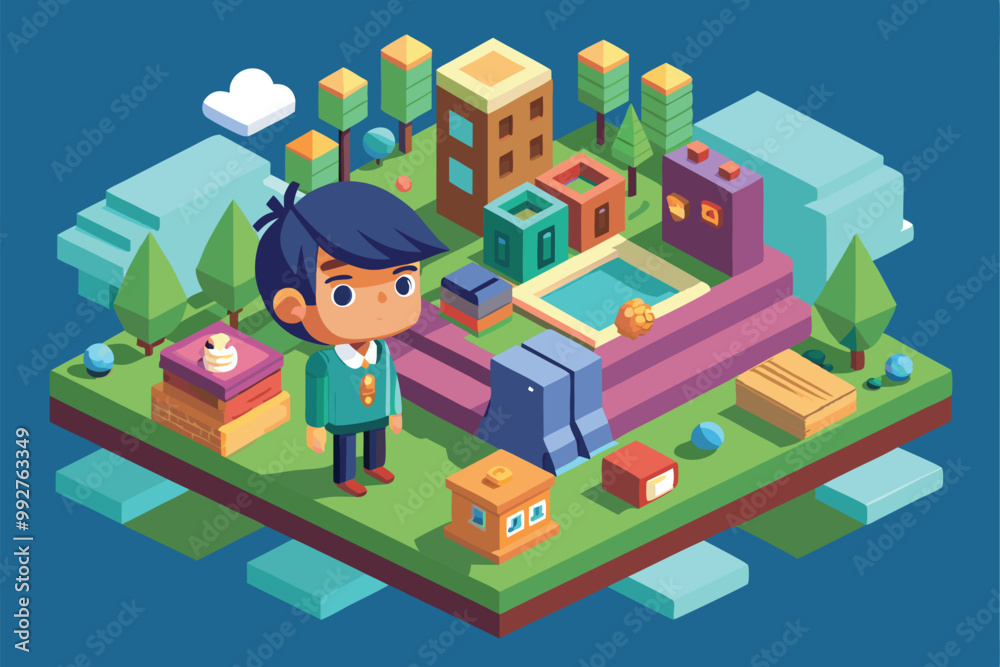 A child interacts with a vibrant, imaginative landscape featuring playful buildings and greenery, Customizable flat illustration of an imaginary friend. A child interacts with a vibrant, imaginative landscape featuring playful buildings and greenery, Customizable flat illustration of an imaginary friend.