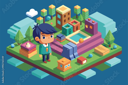 A child interacts with a vibrant, imaginative landscape featuring playful buildings and greenery, Customizable flat illustration of an imaginary friend.