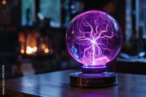 Purple Plasma Ball on Wooden Table photo