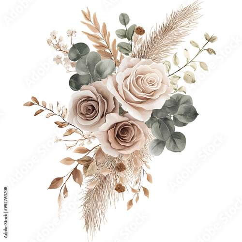 Boho floral arrangement with neutral roses and pampas grass, elegant watercolor bouquet, dried florals, eucalyptus, beige and green botanical illustration