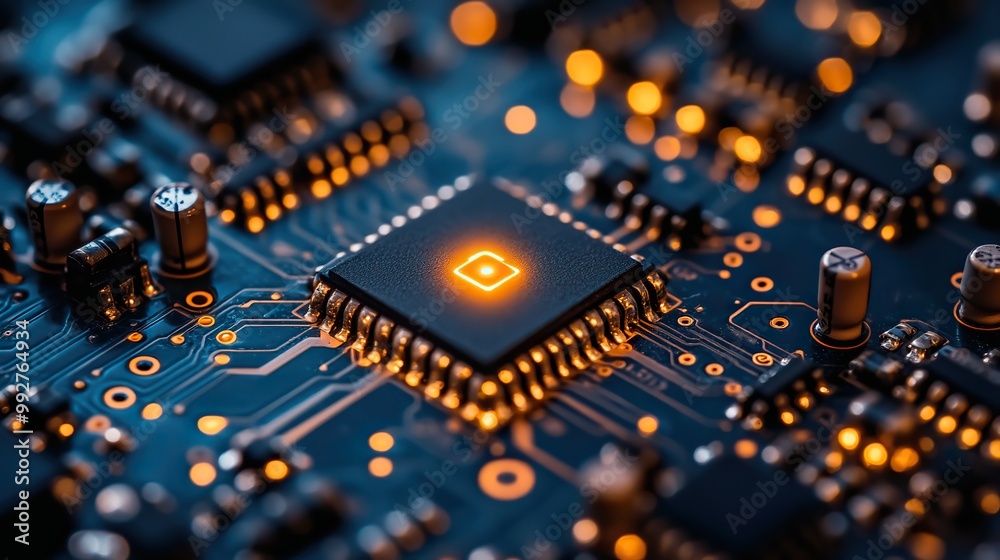 Obraz premium A blue background filled with electronic components, illustrating the intricate connections within technology circuits.