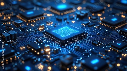 A blue background filled with electronic components, illustrating the intricate connections within technology circuits.